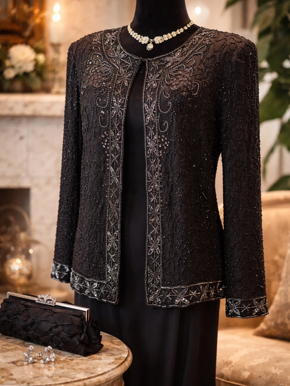 ✨ NWT Laurence Kazar XL Beaded Silk Jacket Black Vintage Glam